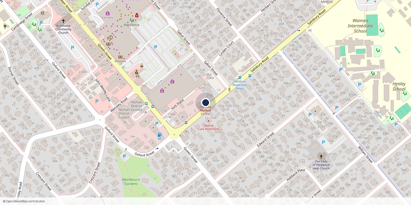 Map of central Richmond showing 13 Salisbury Road marked, with Richmond Mall, Queen Street and the town centre nearby